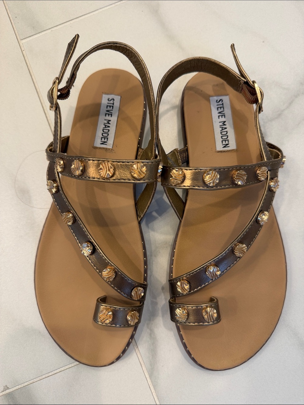 Steve Madden Bronze Metallic Studded Slingback Sandals with toe loop